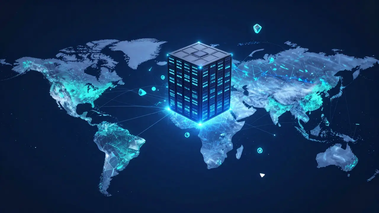 Visualização abstrata de armazenamento descentralizado em blockchain com dados distribuídos globalmente.